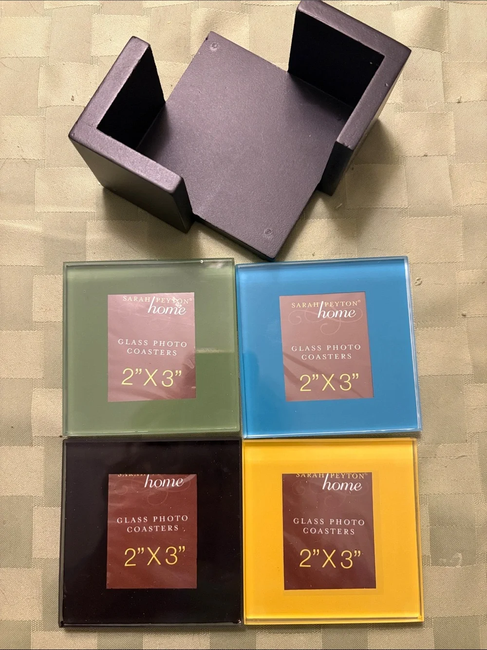 Colored Glass Photo Coaster Set (Green, Blue, Black, Yellow)